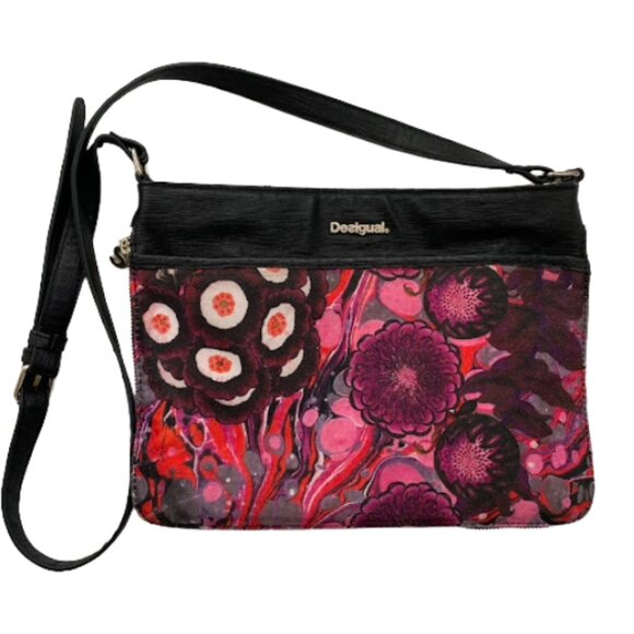 DESIGUAL Floral Pink Purple Black Faux Leather Crossbody Bag - Picture 1 of 15